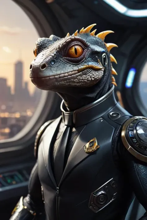 Create an alligator with futuristic jacket in png