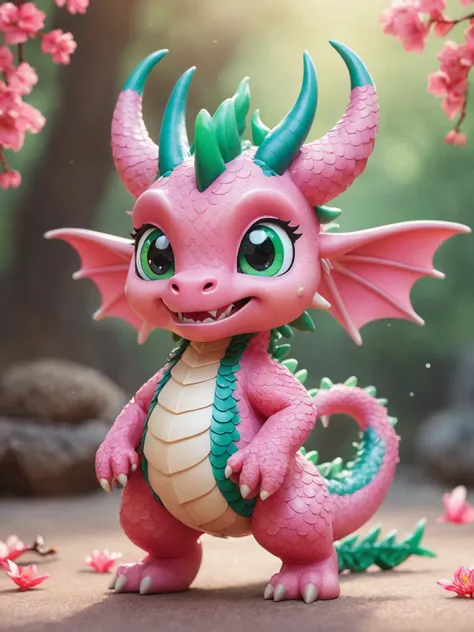 chibi, masterpiece, best quality, original, official art,full body,A cute Chinese dragon, antlers, two hands,Pink dragon scales, standing, anthropomorphic, beautiful light, surreal,blurred background, cartoon rendering,bright light, jade