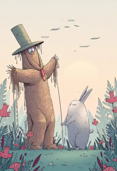 benelia style, sketch, simple design,
A clever bunny stands beside a funny-looking scarecrow it has built to protect its crops. The scarecrow is made of straw and old clothes, standing tall with a big hat, while birds in the sky are flying away, scared. The bunny looks satisfied, holding a stick and smiling, proud of its work. The garden is lush with sprouting crops, and the setting sun creates a peaceful, golden glow over the scene.