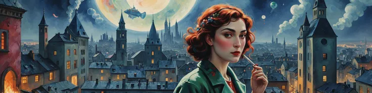 highres, 8k, (style of Marc Chagall:1.5), cyberpunk industrial city, solo girl standing in foreground and smoking, smoke