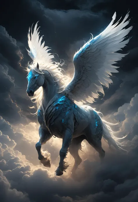 masterpiece, highres, highly detailed, abstract creature of wind, full body, (fantasy creature:1.3), horse like creature, ultra majestic, (large wings made out of clouds:1.3), two wings, (abstract art:1.2), smoking body, (body transfroming into clouds:1.3), (partially obscured in clouds:1.3), (white eyes:1.2), (glowing eyes:1.4), guardian of air, dynamic pose, detailed eyes, night time, dark thunder clouds, cumulonimbus, backlighted, (bluish-white aura:1.2), (bluish-white glow:1.2),