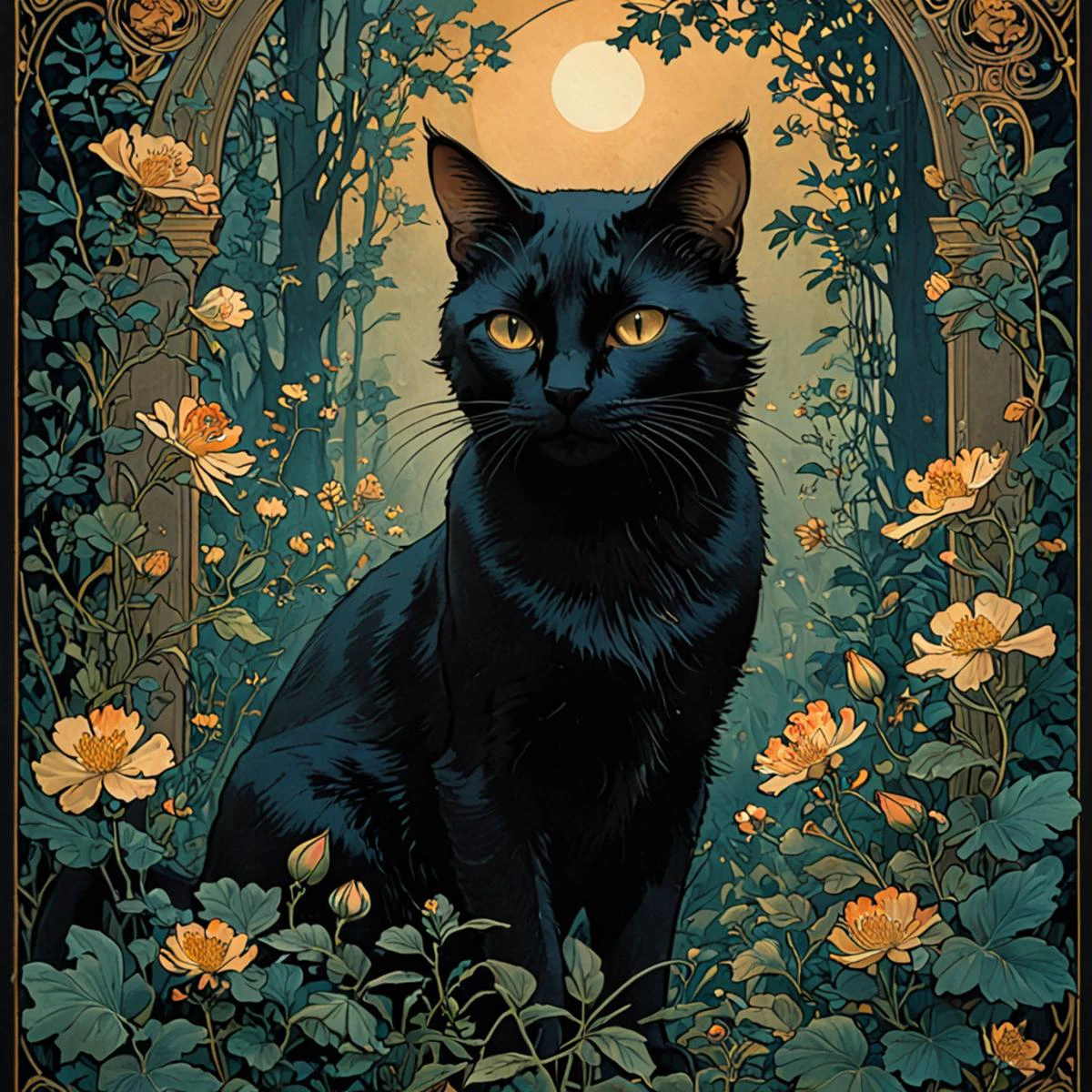 black cat hiding in the bushes, bioluminescense glowing flowers, dense lush forest at night,
at night, moonlight, soft lights, foggy, mist, windy,
(in Alphonse Mucha poster style, art nouveau, masterpiece, lithography, muted colors,:1.3)
artchlr, <lora:artfullyECHELIER_SDXL_V1:0.75>, black, dark, <lora:- SDXL - vanta-black_contrast_V3.0:0.45>