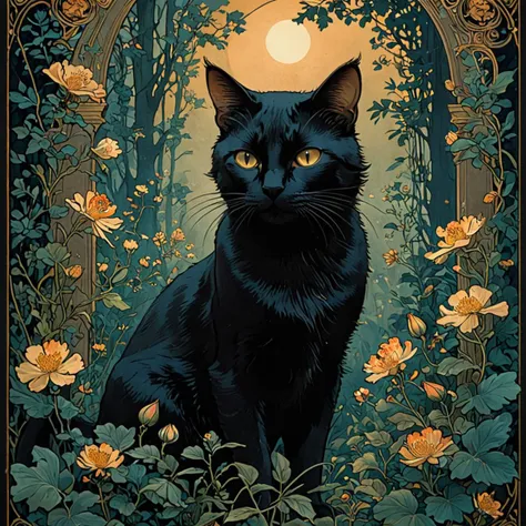 black cat hiding in the bushes, bioluminescense glowing flowers, dense lush forest at night,
at night, moonlight, soft lights, foggy, mist, windy,
(in Alphonse Mucha poster style, art nouveau, masterpiece, lithography, muted colors,:1.3)
artchlr,  <lora:artfullyECHELIER_SDXL_V1:0.75>, black, dark,  <lora:- SDXL - vanta-black_contrast_V3.0:0.45>