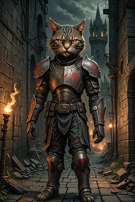 grunge style the image depicts a scene from a video game, featuring an animated character who appears to be part human and part feline. the creature is wearing armor and has glowing red eyes. it stands against a dark background with torches lit, suggesting that the setting might be inside a castle or other historic building. . textured, distressed, vintage, edgy, punk rock vibe, dirty, noisy