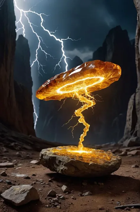 "In this breathtaking image, a large piece of amber sits on the ground, surrounded by a halo of electricity. As the lightning strikes the stone, the electricity is attracted to the amber, creating a beautiful and unique sight. The surroundings are rendered in exquisite detail, and the lighting is stunning. The entire scene is a true masterpiece of nature and artistry, filling the air with a spectacular show of power and beauty."