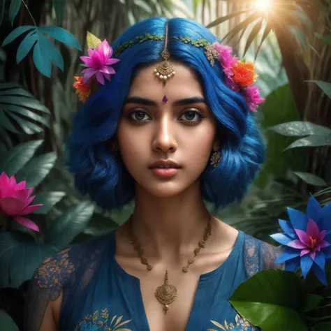 fashion photography portrait of indian girl with blue hair, in lush jungle with flowers, 3d render, cgi, symetrical, octane render, 35mm, bokeh, 9:16, (intricate details:1.12), hdr, (intricate details, hyperdetailed:1.15), (natural skin texture, hyperrealism, soft light, sharp:1.2), detailed, sunlight passing through foliage