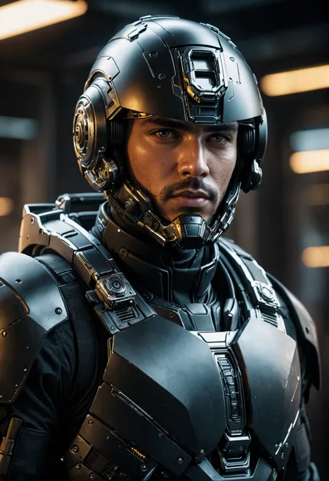 cinema shot, portrait of a soldier, man, cyberpunk, cyber warrior, wearing a black suit with a future theme and metal parts, (wearing a helmet:1.2), sci-fi, science fiction, sci-fi action scence, symmetrical eyes, fine details best quality, hyperdetailed face, photorealistic, highest quality, best shadow, high contrast, character design, moody, film grain, dark, highly detailed. photography, professional, 4k, 8k HD, highly detailed, professional, dirty