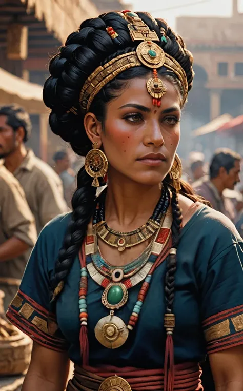 (Aztec Market Trader in Tenochtitlan, 15th Century:1.4), A woman in her early 30s, with a vibrant energy and sharp eyes. Her hair is black and long, often styled in elaborate braids adorned with beads. Her clothing is colorful, made from the finest cotton available, decorated with symbols of her trade, making her stand out in the busy market. ([style of Bill Sienkiewicz|style of Sam Spratt|style of Conrad Roset|style of Gerald Parel|style of Ilya Kuvshinov]:1.1),([style of Jovana Rikalo|style of Brandon Woelfel|style of Lara Jade]:1.1), (masterpiece, telephoto, cinematic establishing shot, busty cleavage, soft focus background:1.1),
