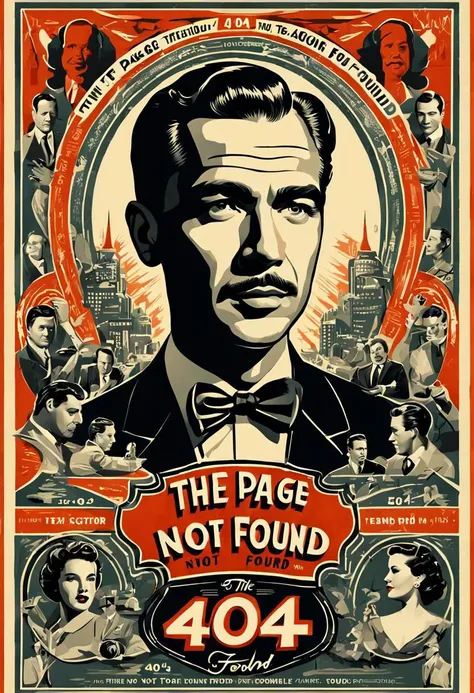 (best quality:1.5), (detailed face, detailed eyes, detailed mouth, detailed body, detailed hands, detailed clothes, detailed background:1.5), (symmetrical intricate details + sharpen symmetrical details) | (50s action poster:1.5) with the title of ((("404 the page not found" text logo:1.5))), TEXT LOGO