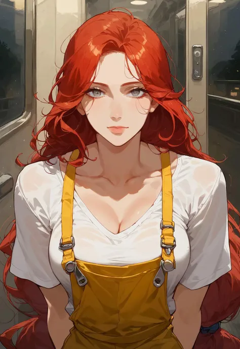 safe_pos, score_9, score_8_up, score_7_up, ASCII, masterpiece,abella funger, 1girl, closed mouth, collarbone,, holding strap, medium breasts, long hair, looking at viewer, low-tied long hair, red hair, solo, standing, very long hair, yellow overalls, muscles, grey eyes, train, indoor, night, white shirt, solo, deep eyes, upper body, close up face