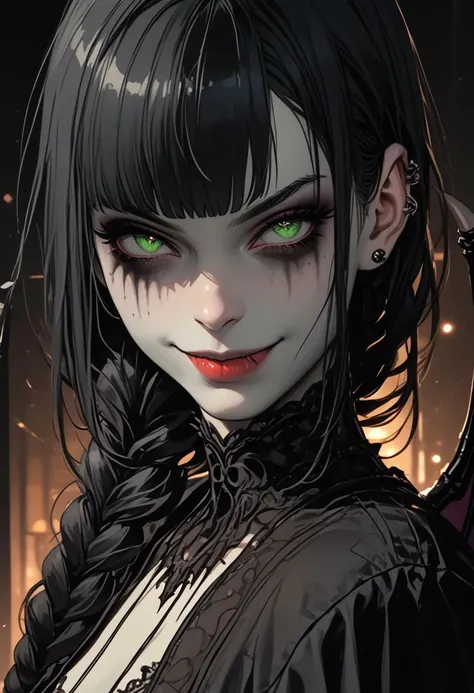 vampire girl, bloody face, crazy smile, clothes in victorian dress, dark style, grey background <lora:Dark_style_art:0.8>