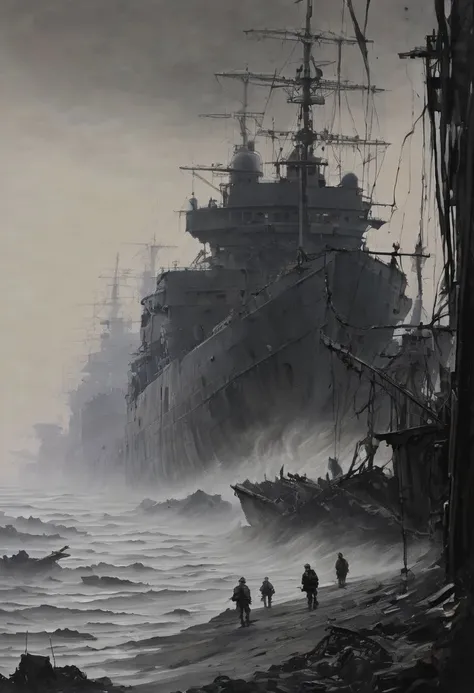 Long, weary lines of soldiers trudging back from the front, shadows of the men they once were, Dusk, ,  Shipwreck, Disquieting,Phantom-like, (Monochromatic:1.1), (Isolation:1.1),  (Chiaroscuro:1.1), (Strobe light:1.2), Marble, Polygon, ((Romantic,soft,passionate,tender:0.99),(Rule of Thirds,balanced,offset focus,Rough,gritty,coarse,rugged,Hard Light,sharp,strong contrast,defined:0.75),(Cinma Vrit,naturalistic,observational,unobtrusive:0.99):0.5), ultra detailed, intricate, oil on canvas, dry brush, (surrealism:1.1), (disturbing:1.1) <lora:d4lixl:0.5>