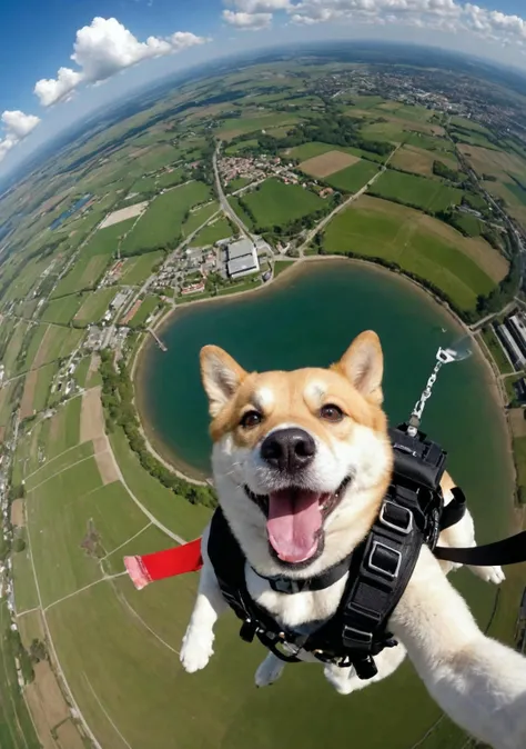 taken by go-pro, taken by fisheye lens, doge, parachuting, aerial view