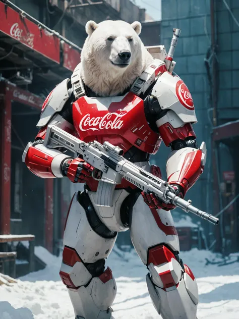 portrait, surrealistic, (bokeh:1.1), dof, awe-inspiring, majestic, overwhelming, humanoid polar-bear wearing (red coca-cola-military:1.1) metal sci-fi bulky (mecha armour:1.3) and sunglasses with (red beret:1.05) is holding a big (white rifle:1.35), harsh shadows, (sun rays:1.1)
