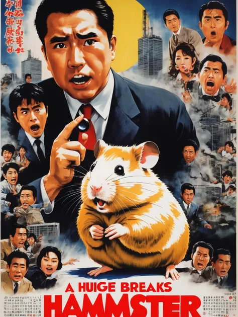 japanese movie poster in the 1960s,(a huge hamster breaks the building:1.7),(giant hamster:1.6),(men and women who run away in the foreground:1.2),(facial expression of fear:1.5),(giant hamster:1.3),the face of a man and woman with another cut in the lower right right,modern building,(beautiful actress:1.3),(actress shouting:1.3),(boyal actor:1.1),actor to point,scientist with black eyepatch,people who run away,