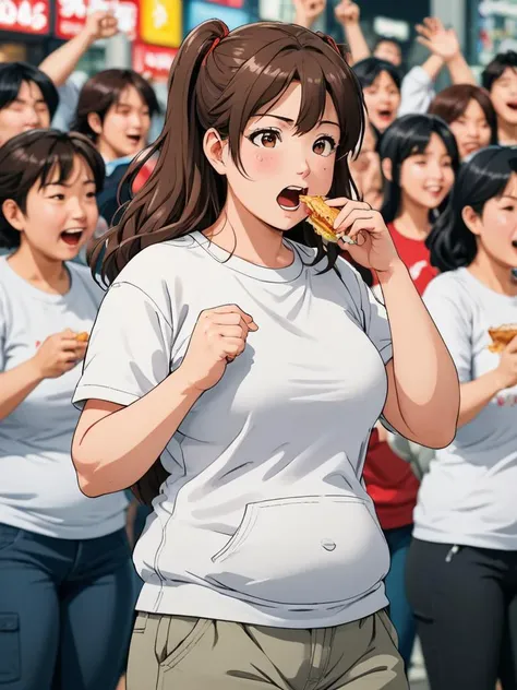 cute young woman aggressively stuffing her face, crowd, eating competition, [pregnant:(large bloated belly:1.2), belly inflation:0.2],  love handles, wide hips.  (fat:0.9), (plump:0.8). sweatpants. tshirt, [brown:0.2] hair, 
(Shonen anime)