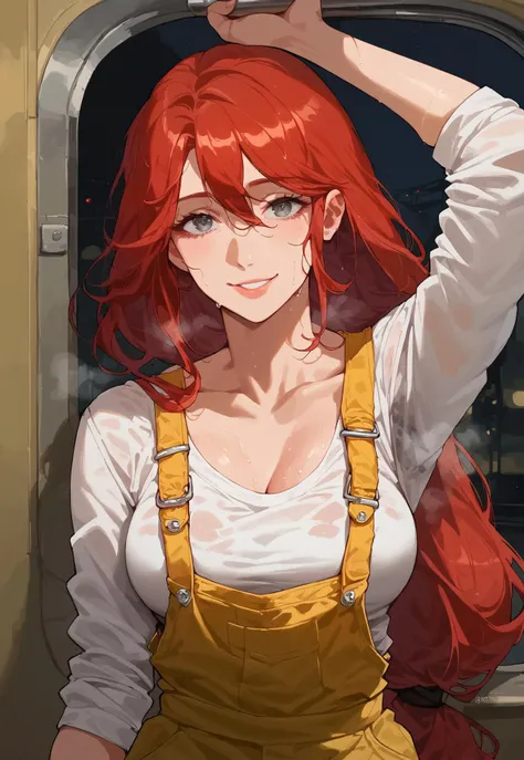 safe_pos, score_9, score_8_up, score_7_up, ASCII, masterpiece,abella funger, 1girl, collarbone,, holding strap, medium breasts, long hair, looking at viewer, low-tied long hair, red hair, solo, standing, very long hair, yellow overalls, muscles, grey eyes, train, indoor, night, white shirt, solo, deep eyes, upper body, close up face, very sweaty, light smile, arm up, sweaty clothes, steaming body, smell, odor
