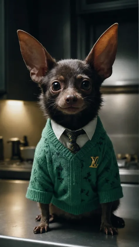 adorable and cute pitch-black bat wearing green (louis vuitton:1.1) sweater with a patterned tie, very big ears, smiling, (harsh shadows:2.0), mid-night, cinematic lighting, taken by Joel Sartore, taken by David LaChapelle, stunning, El Lissitzky, Daniel Arsham, Anish Kapoo, taken by Brandon Woelfel, cinematic, in a kitchen of Michelin-starred restaurant
