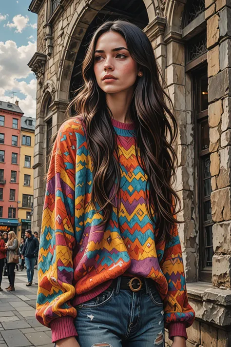 psychedelic art style in the heart of a bustling city, a 24 year old adult woman with long dark hair stands confidently against a stone building. her casual yet stylish outfit, featuring a colorful sweater and ripped jeans, contrasts with the solemn backdrop. her hands casually tucked into her pockets suggest a relaxed demeanor. she gazes off to the side, lost in thought or perhaps captivated by something unseen in the distance. the image captures a moment of intrigue and mystery, inviting the viewer to imagine what she might be thinking or where she could be headed next. . vivid colors, surreal, hallucinatory, highly detailed