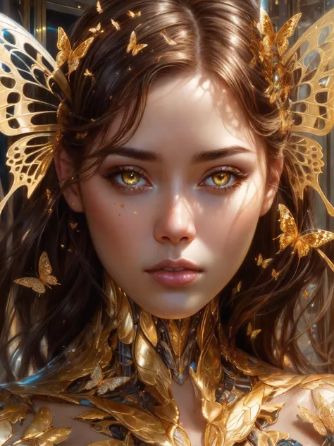 photo, 8k portrait of beautiful cyborg with brown hair, intricate, elegant, highly detailed, majestic, digital photography, art by artgerm and ruan jia and greg rutkowski surreal painting gold butterfly filigree, broken glass, (masterpiece, sidelighting, finely detailed beautiful eyes: 1.2), hdr, realistic, high definition