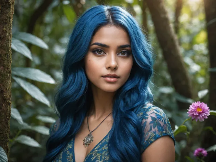 fashion photography portrait of indian girl with blue hair, in lush jungle with flowers, symetrical, 35mm, bokeh, 9:16, (intricate details:1.12), hdr, (intricate details, hyperdetailed:1.15), (natural skin texture, hyperrealism, soft light, sharp:1.2), detailed, sunlight and shadows passing through foliage, sunlight, Instagram, award winning photo