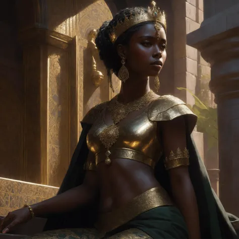 modelshoot style, (extremely detailed CG unity 8k wallpaper), full shot body photo of the most beautiful artwork in the world, medieval queen, green vale, dark skin, black woman, dark skin, golden crown, diamonds, medieval architecture, professional majestic oil painting by Ed Blinkey, Atey Ghailan, Studio Ghibli, by Jeremy Mann, Greg Manchess, Antonio Moro, trending on ArtStation, trending on CGSociety, Intricate, High Detail, Sharp focus, dramatic, photorealistic painting art by midjourney and greg rutkowski