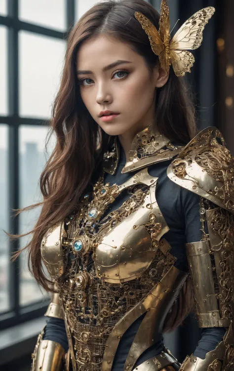 photo of beautiful young girl cyborg with long brown hair, futuristic, scifi, intricate, elegant, highly detailed, majestic, digital photography, surreal gold filigree, broken glass, (masterpiece, sidelighting, finely detailed beautiful eyes: 1.2), hdr, realistic, high definition, natural skin, textured skin, closed mouth, crystal eyes, young girl on instagram, butterfly filigree, chest armor, eye makeup, robot joints, long hair moved by the wind, window facing to another world, 8k (asian, kawaii:0.7)