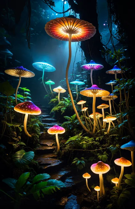 Fluorescent light: Various strange-shaped plants emit colorful light, lighting up the night of Pandora, like a dreamy starlight world.
Biodiversity: Various strange and beautiful plants come in different shapes, some are like giant mushrooms, some are like dancing flowers, and some are like glowing vines, showing the amazing biodiversity of Pandora.
Strong vitality: These plants grow luxuriantly and are full of vitality, as if they are telling the vitality of Pandora.
Mysterious atmosphere: The Pandora planet at night is full of mysterious atmosphere. Unknown creatures and strange plants make people full of curiosity and awe.
Dreamy scene: The whole scene is full of dreamy colors, making people feel like they are in a science fiction movie.
Scene details:
Huge Mushroom Umbrella: The huge and strange mushroom umbrella blocks out the sky and is covered with luminous spots, like small lanterns, illuminating the surrounding plants.
Dancing flowers: The dancing flowers sway gently in the breeze, with colorful lights flashing on their petals, as if they are dancing for Pandora at night.
Glowing vines: Slender vines wrap around the branches, like glowing ribbons, twisting and turning in the dark, adding a bit of mystery.
Unknown Creatures: There are strange calls in the distance, as if there are unknown creatures lurking in the dark, making people full of curiosity and fear.
Dreamy fog: A thin fog envelopes the entire scene, adding a bit of dreaminess and making Pandora even more mysterious.
visual effect:
Brilliant colors: The picture is colorful, and the colorful lights are intertwined to create a dreamlike atmosphere.
Exquisite details: The details of the picture are exquisite, and every plant is vividly depicted, showing the amazing biodiversity of Pandora.
Light and shadow effects: The clever use of light and shadow effects makes the picture more layered and has a strong three-dimensional effect.
Mysterious atmosphere: The whole picture is full of mysterious atmosphere, making people feel like they are in an unknown world.