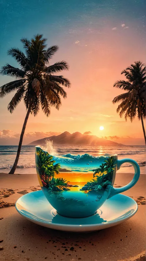 A stunning art piece that reimagines a coffee cup as a luxurious beach paradise. The coffee cup is transformed into a stunning, sandy beach, complete with palm trees and crystal-clear blue waters. The cup's handle becomes a winding path leading to a picturesque sunset, while the cup's base is transformed into a lush, tropical landscape. The overall ambiance of the image is surreal and dreamlike, challenging the viewer to rethink the ordinary in a fantastical way. <lora:Double Exposure XL:1> double exposure