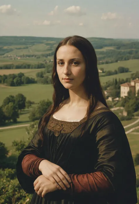 photograph of (Mona Lisa:0.6), countryside in the background, renaissance, film, 50mm