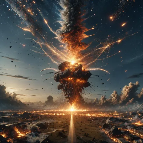 massive meteor in the sky, striking the ground, massive explosion engulfs the horizon, (award winning art by Michael Bay), (masterpiece), <lora:Particles_Style_SDXL:1> ais-particlez