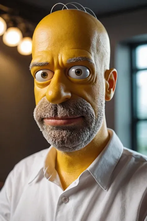 cinematic photo bald man,male focus,beard,close up on face,white shirt,40 y.o,(Homer Simpson character:1.95) . 35mm photograph, film, bokeh, professional, 4k, highly detailed