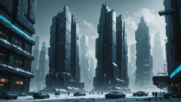 cyberpunk winter scene, sleek futuristic skyscrapers