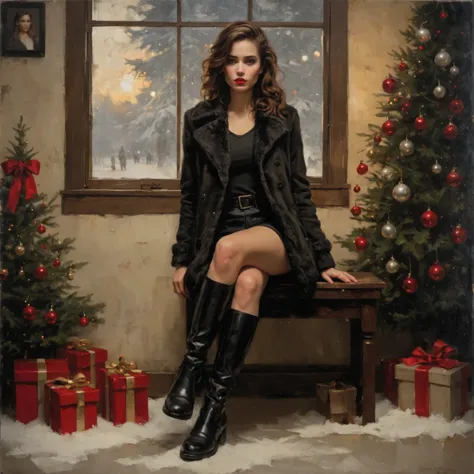 art by Casey Baugh, woman made of christmas, full body, boots