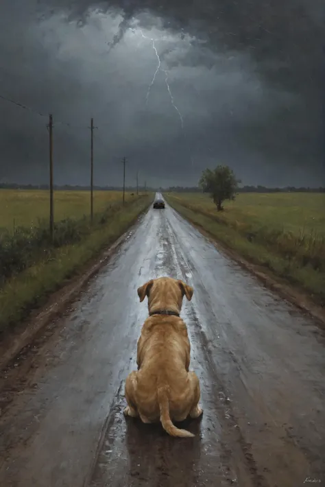 close-up, The dog is sitting on the country road, back, (car leaving in the distance:1.1), car, rain, (thunderstorm:0.8),
(in Nicola Samori style:1.2),  (oil painting:0.1), dark theme, 
<lora:add-detail-xl:1>  <lora:ClassipeintXL1.9:0.5>  <lora:NicolaSamori:1>, (best quality, 8K, high resolution, extreme detail, outstanding composition:1.4),