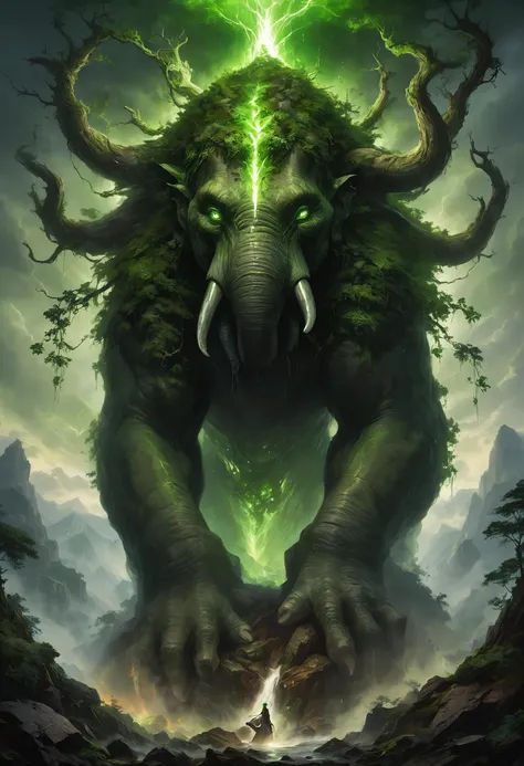 best quality, high quality, her, raw photo, masterpiece, high details, detailed, entirely made of rocks, living mountain, larger than mountain, towering over everything, skin made with rocks and founders, covered with trees, vines hanging from tusks, living mountain, head of an elephant, solo, overgrown, covered with trees, (kaizu:1.2), (fantasy creature:1.3), (abstract:1.2), living tree, night time, dark clouds, thunder clouds, lightlings, heavy rain, (green glowing eyes:1.4), misty mountain, dynamic pose, detailed eyes, areal view