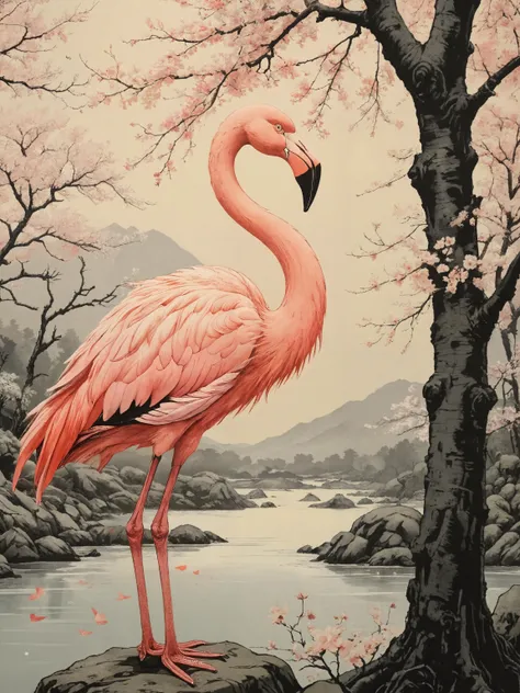 silk screen art, (ukiyo-e:1.1), (painted by Kim Hong-do:1.1), beautiful flamingo, assisted katsuhiro otomo, line art, glitch art, cherry blossoms