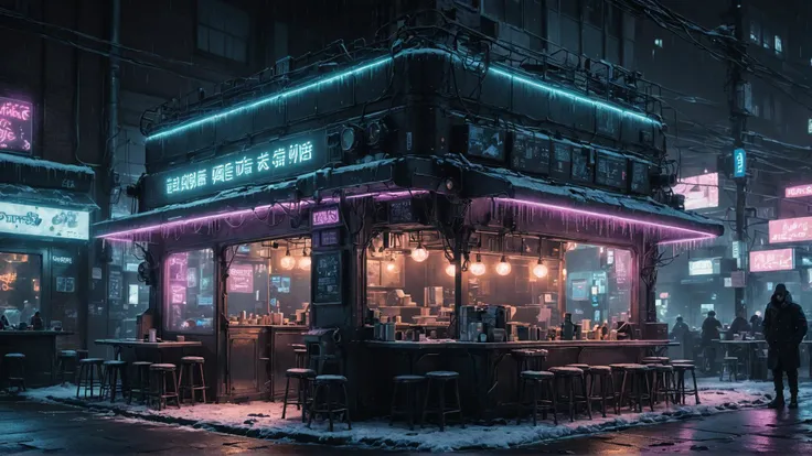 a cyberpunk street cafe in winter, at night