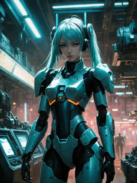 art by Casey Baugh, Hatsune Miku in a mech suit, beautiful eyes, robot, armor, neon light, (In a futuristic weapons factory:1.2), spaceship interior