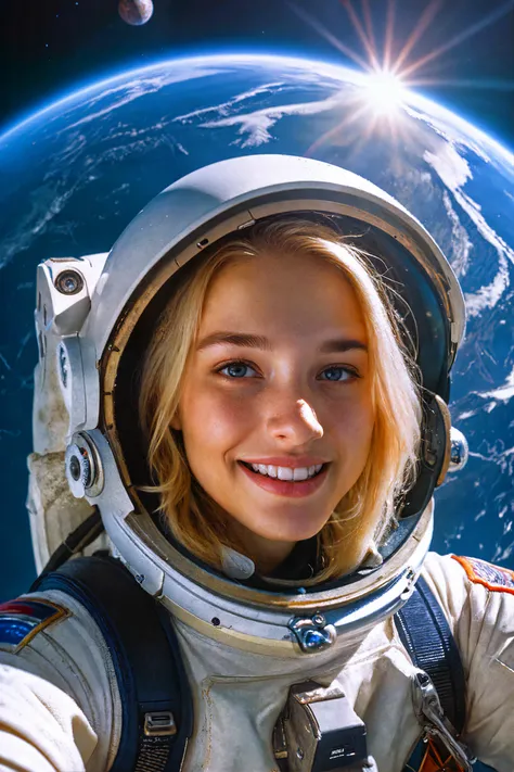 #selfie #instagram #follow, selfie of astronaut, beautiful smiling blonde celebrity with space helmet, planet earth, harsh shadows, god rays