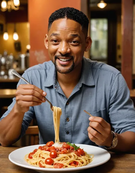 (scene: Will Smith savoring a forkful of spaghetti in a vibrant Italian bistro, with laughter and the clinking of dishes resonating in the cozy atmosphere),
(feature: twirled spaghetti, cherry tomatoes),
(texture: grated Parmesan, al dente pasta),
(context: culinary enjoyment, Italian cuisine),
(composition: centered plate, background bustle),
(shot: close-up on the dish, mid-shot of Will Smith),
(lighting: soft overhead ambient, candlelit table),
(color tone: warm yellows, rich tomato red),
(atmospheric effects: steam rising, faint kitchen clamor),
(style: still life, realism).,