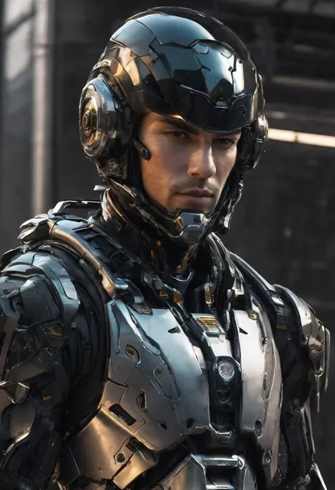 portrait of a soldier, man, cyberpunk, cyber warrior, wearing a black suit with a future theme and metal parts, (wearing a helmet:1.2), sci-fi, science fiction, sci-fi action scence, symmetrical eyes, fine details best quality, hyperdetailed face, photorealistic, highest quality, best shadow, high contrast, character design, moody, film grain, dark, highly detailed. photography, professional, 4k, 8k HD, highly detailed, professional