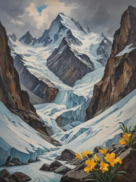 A majestic glacier carving its way through a rugged mountain landscape, baroque oil painting, Freesia, flamboyant, de Kooning, A snowstorm with snowflakes swirling through the air and visibility reduced to mere feet