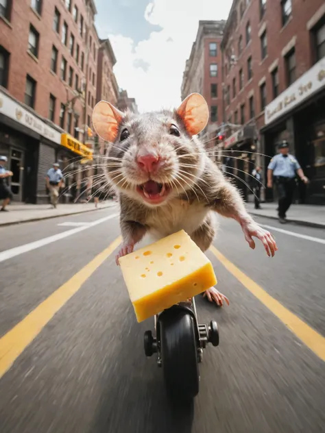 rat holding cheese is (running:1.05) to the viewer, (motion blur:1.1), (police running:1.2), (dynamic:1.1), sun rays, newyork, (taken by go pro:1.3), (taken by 7.5mm fisheye lens:1.1)