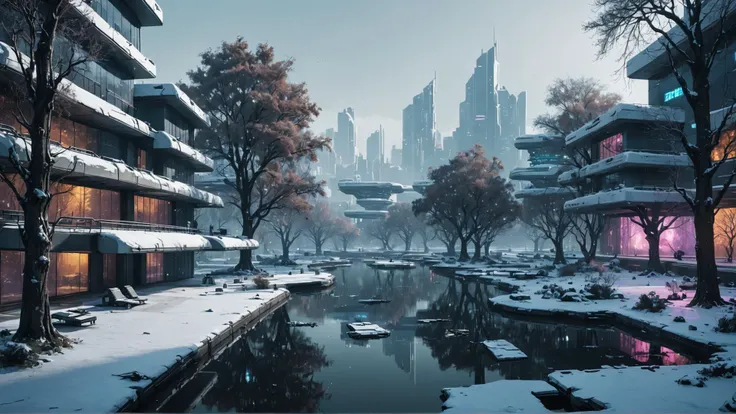 cyberpunk winter park scene, pond, trees, sleek futuristic buildings