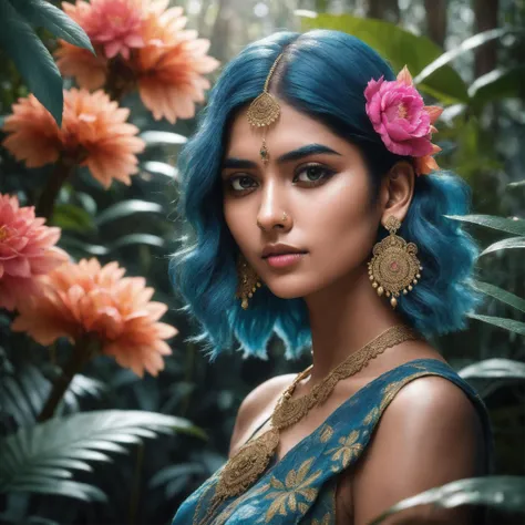 fashion photography portrait of indian girl with blue hair, in lush jungle with flowers, 3d render, cgi, symetrical, octane render, 35mm, bokeh, 9:16, (intricate details:1.12), hdr, (intricate details, hyperdetailed:1.15), (natural skin texture, hyperrealism, soft light, sharp:1.2), detailed, sunlight passing through foliage