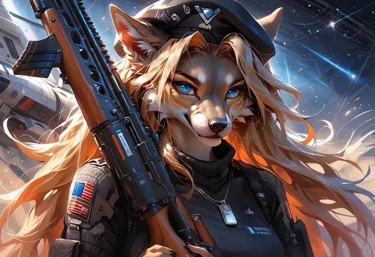 score_9, score_8_up, score_7_up, source_furry, beautiful female wolf, furry , 1girl(wolf),grey skin, blond hair,blue eyes,wearing a Starship-trooper-uniform-with-helmet
wearing a starship-trooper-pilot uniform
wearing a Starship-trooper-officer-uniform with hat
wearing a Starship-trooper-beret
holding a Starship-trooper-rifle
Wearing dog tags
wearing a black tank top,starship background,solo,furry antro wolf