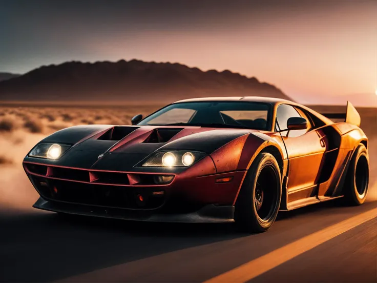 photo of a supercar, 8k uhd, high quality, road, sunset, motion blur, depth blur, cinematic, filmic image 4k, 8k with [George Miller's Mad Max style]. The image should be [ultra-realistic], with [high-resolution] captured in [natural light]. The lighting should create [soft shadows] and showcase the [raw] and [vibrant colors]