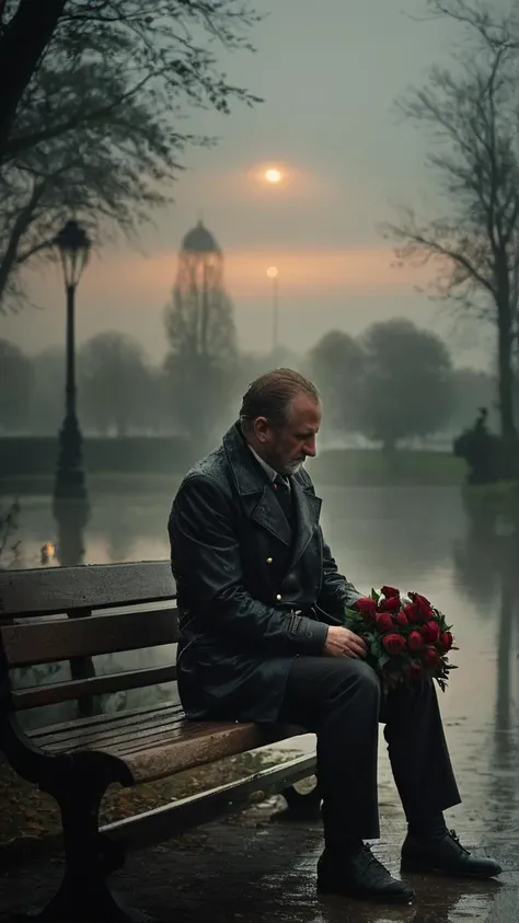 extreme wide shot of a dirty ship's captain sitting on a park bench with his head down holding a bouquet of old dirty roses in his hand,heavy rain, fog, reflections shimmering on the water, dramatic, Backlighting, soft contrast, cinematic, hyperdetailed photography, texture, fog, vignette, black and brown color palete, particles, water reflection, depth of field, bokeh, 85mm 1.4, rain, sunset,