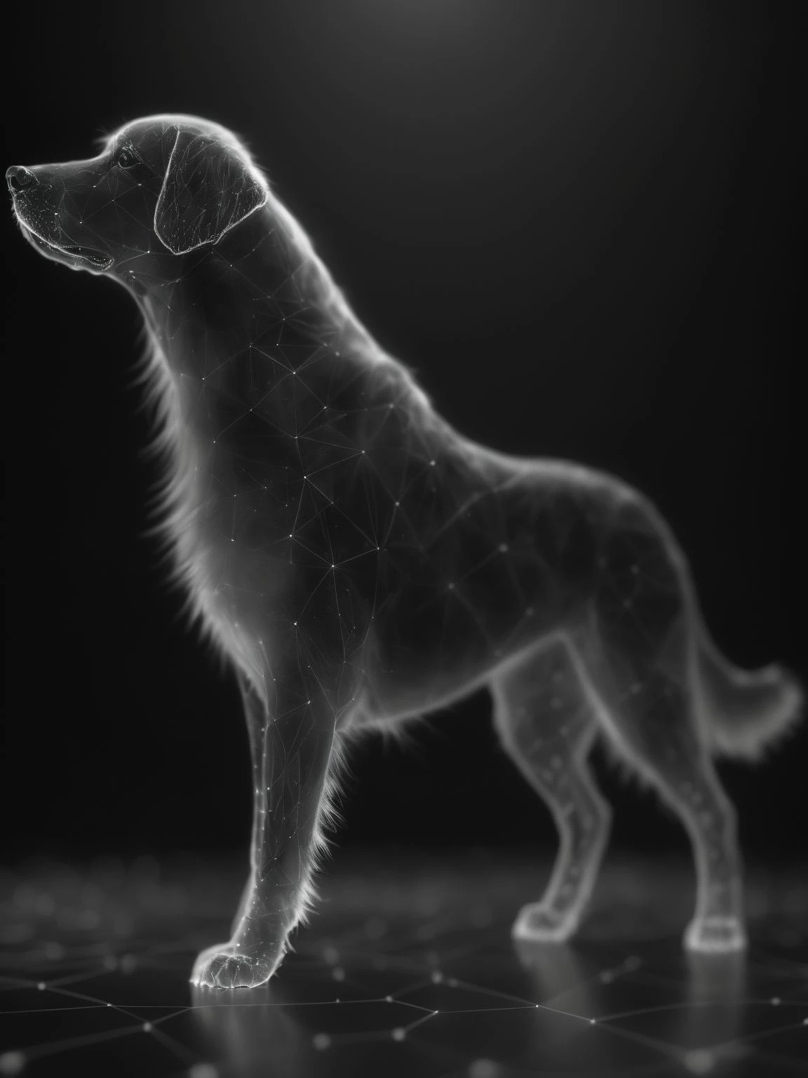 dataviz style,black and white network data visualization in the shape of dog,masterpiece,hyper detailed,unreal engine,<lora:dataviz_style_xl_v1:1>,